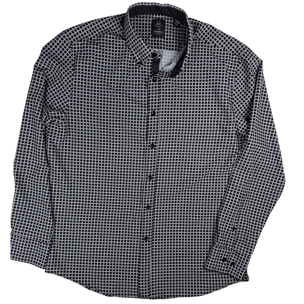 Michael Strahan Mens Modern Fit Geometric Grid Button Down Shirt Black White L